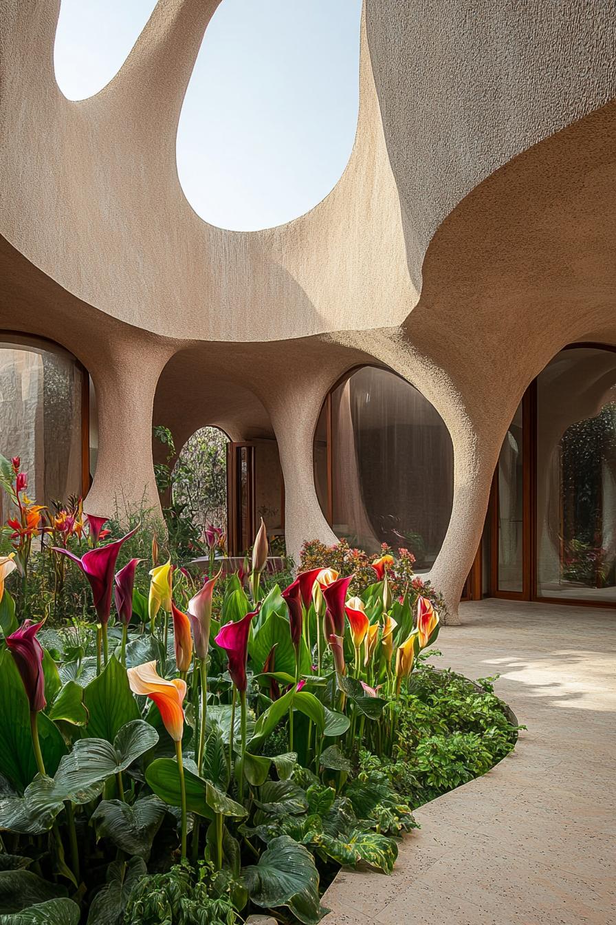 organic architecture house large courtyard with columns which have tols in the shape of lillies in various gradient colors