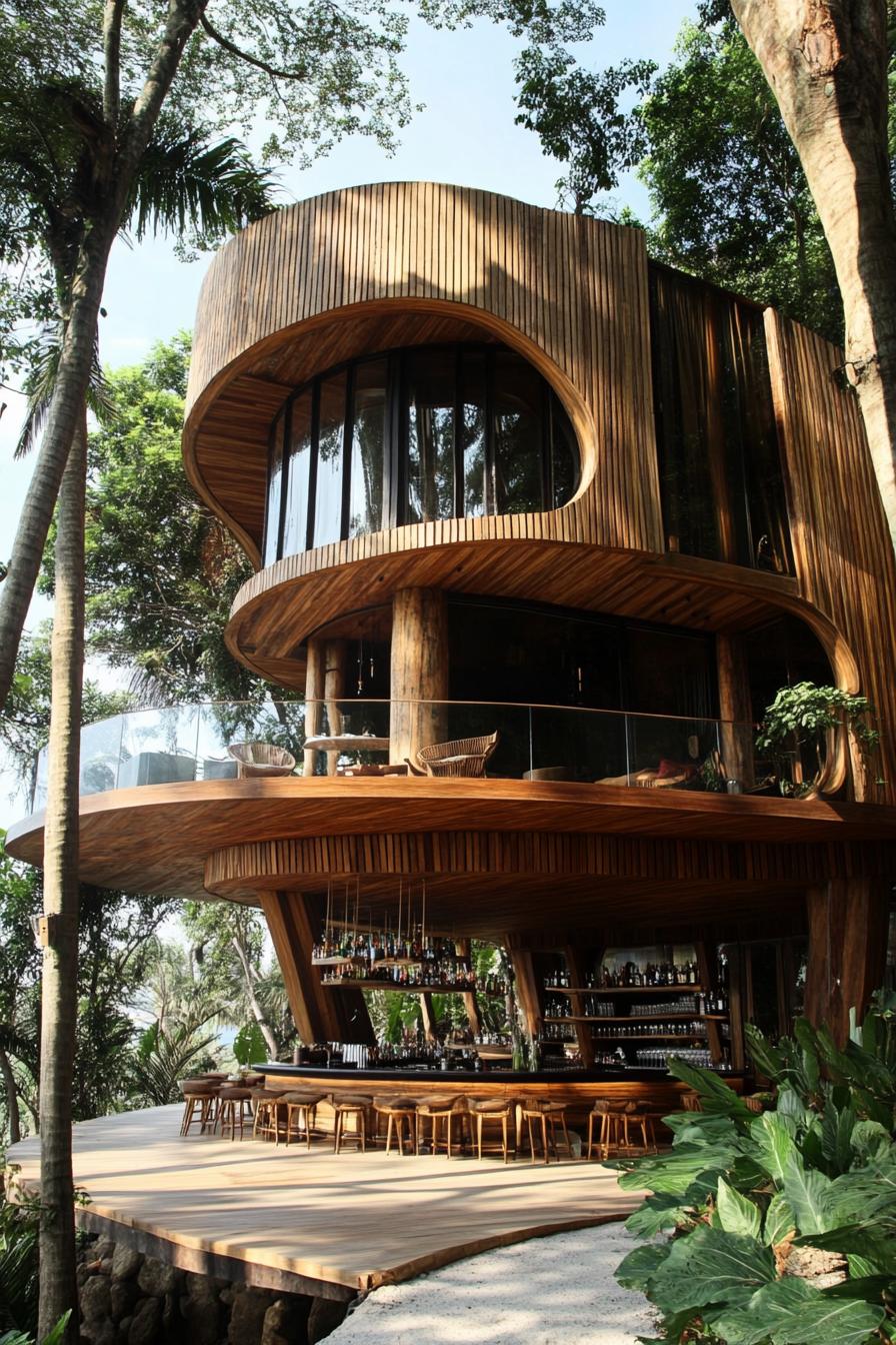 organic architecture luxury tree house built between tall tropical trees it has a curved wooden facade with balconies and a bar on the ground level 1