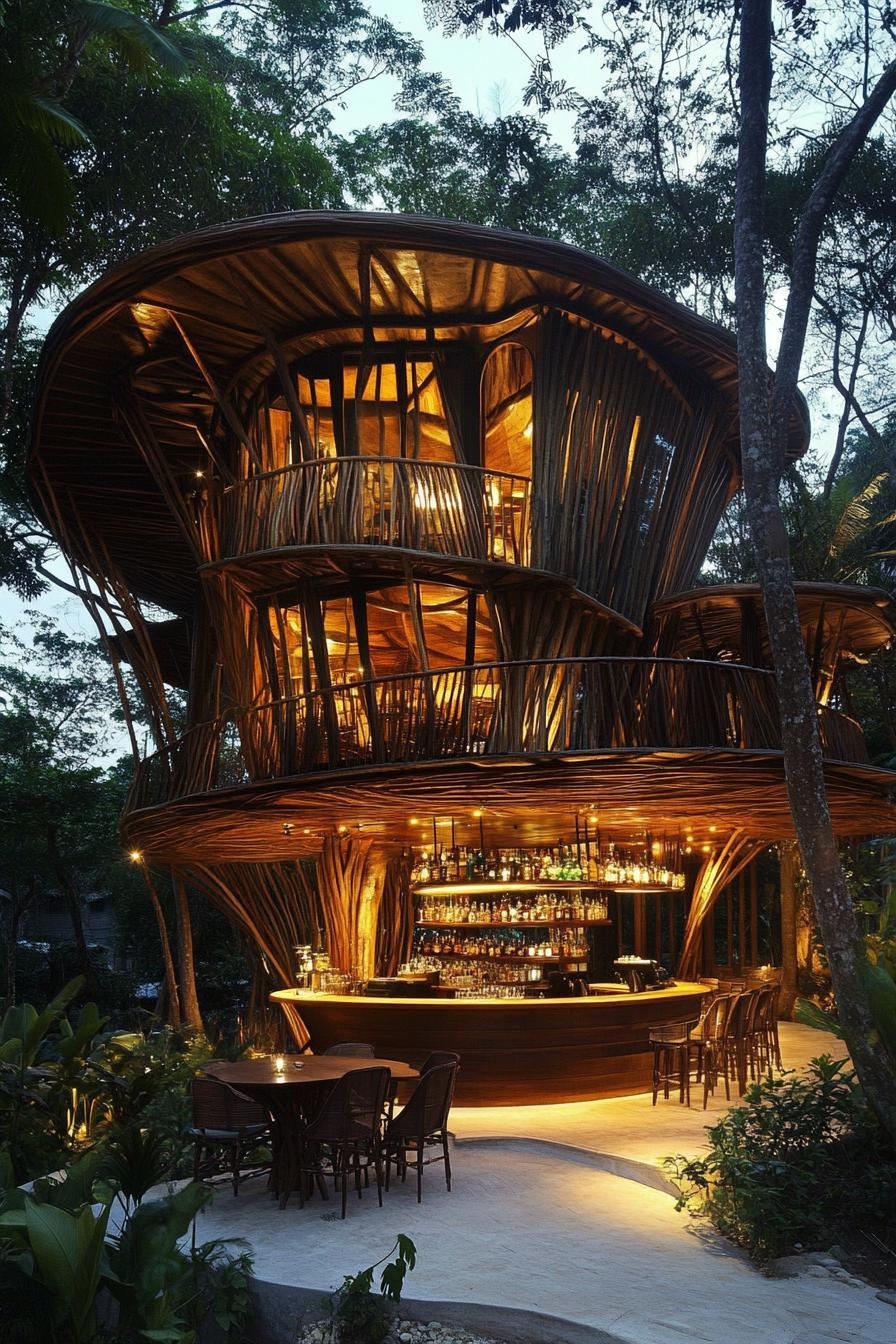 organic architecture luxury tree house built between tall tropical trees it has a curved wooden facade with balconies and a bar on the ground level 2