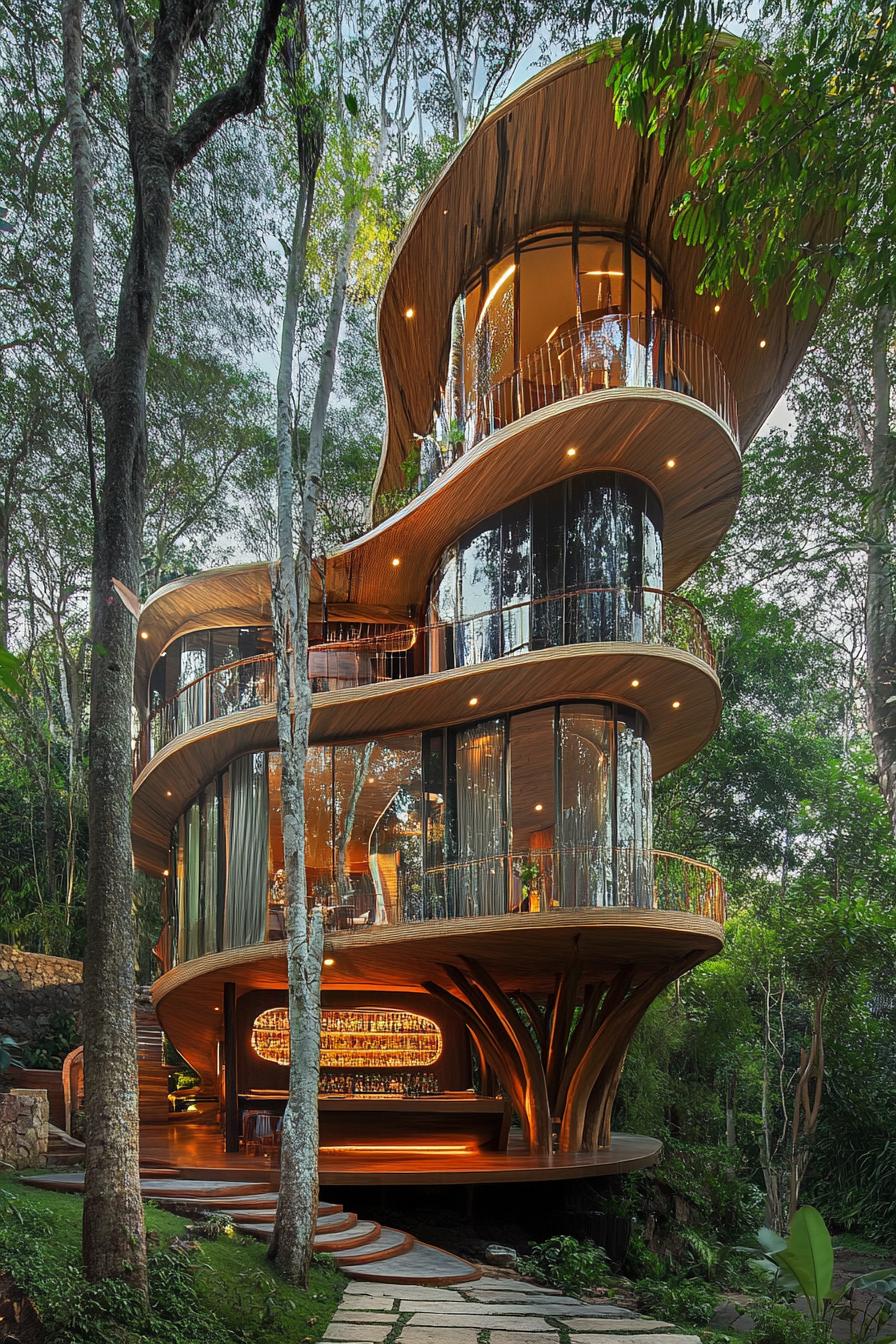 organic architecture luxury tree house built between tall tropical trees it has a curved wooden facade with balconies and a bar on the ground level 3