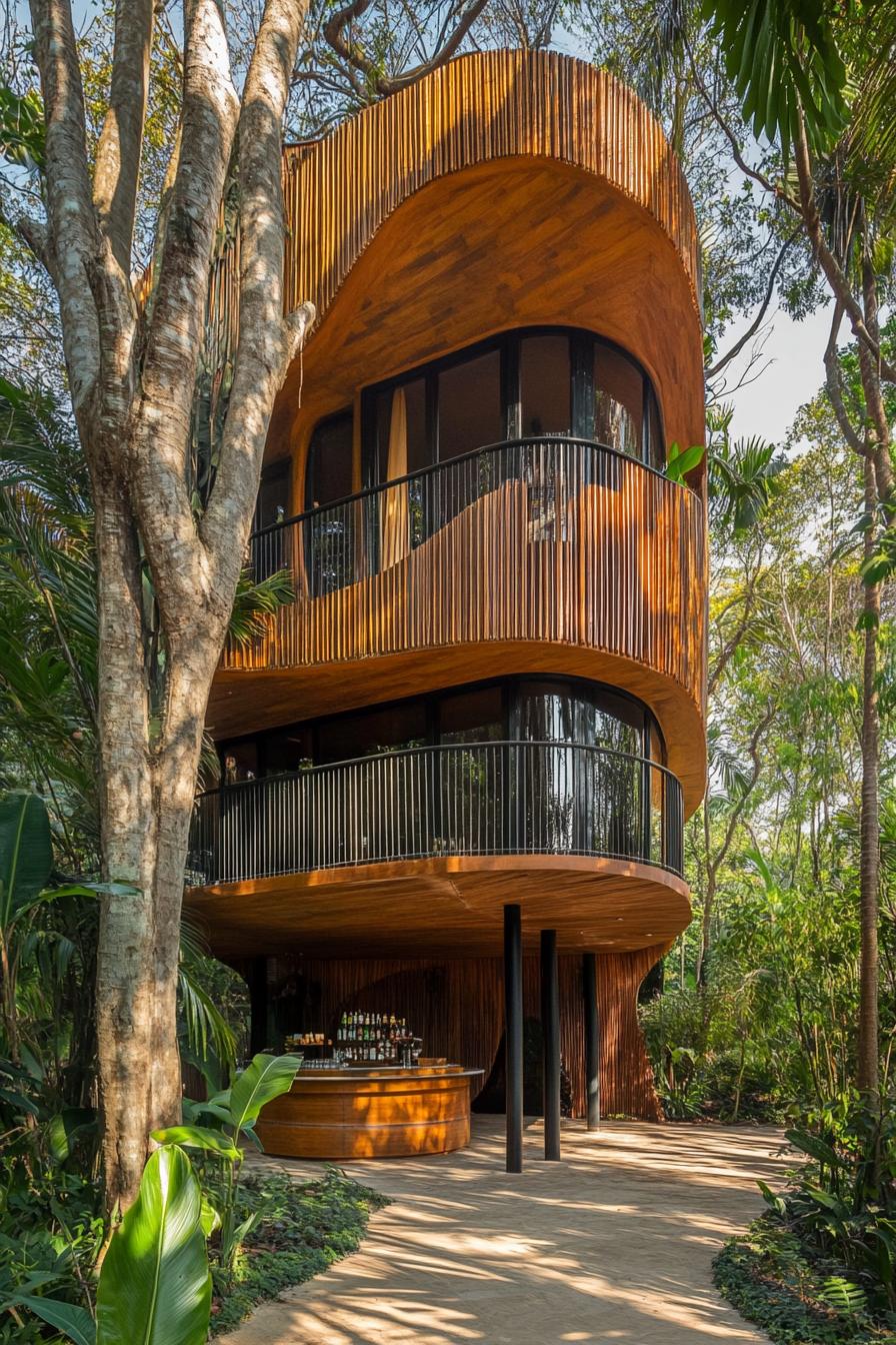 organic architecture luxury tree house built between tall tropical trees it has a curved wooden facade with balconies and a bar on the ground level