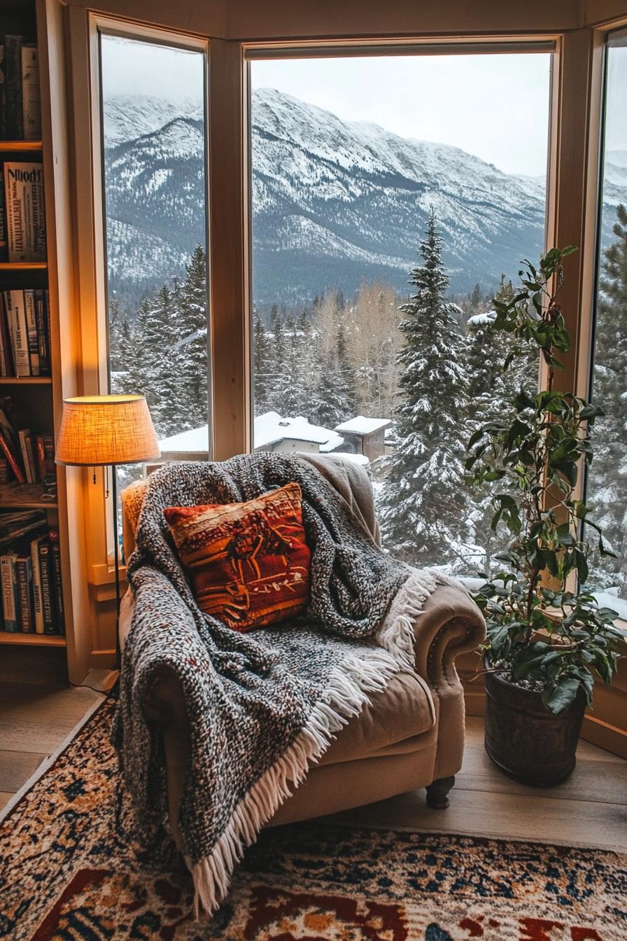 Cozy chair with blanket in a mountain home by large windows, overlooking snowy peaks