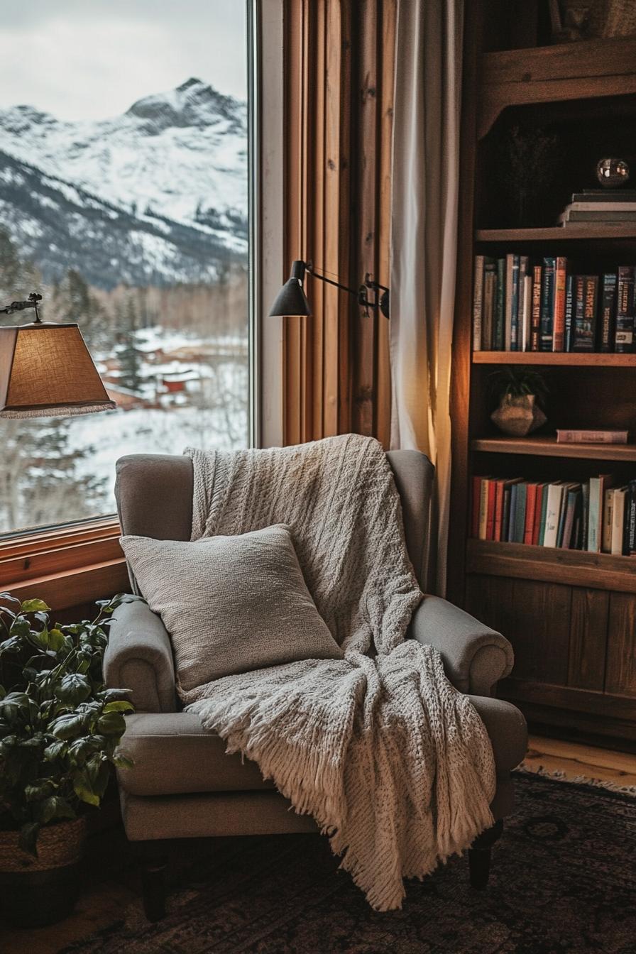 Warm chair by a big window with snowy mountain view