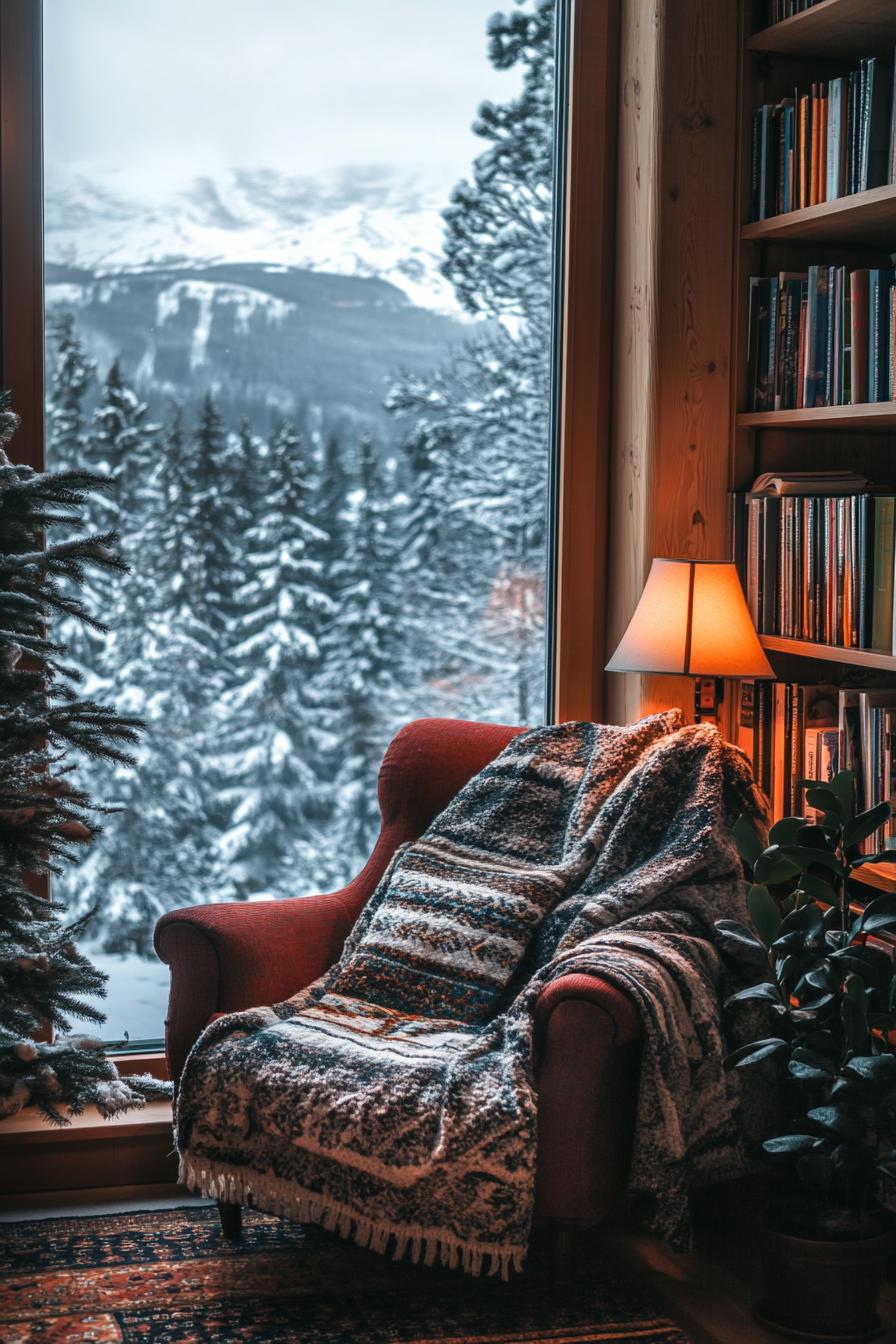 Alpine reading nook with chair, lamp, and mountain view