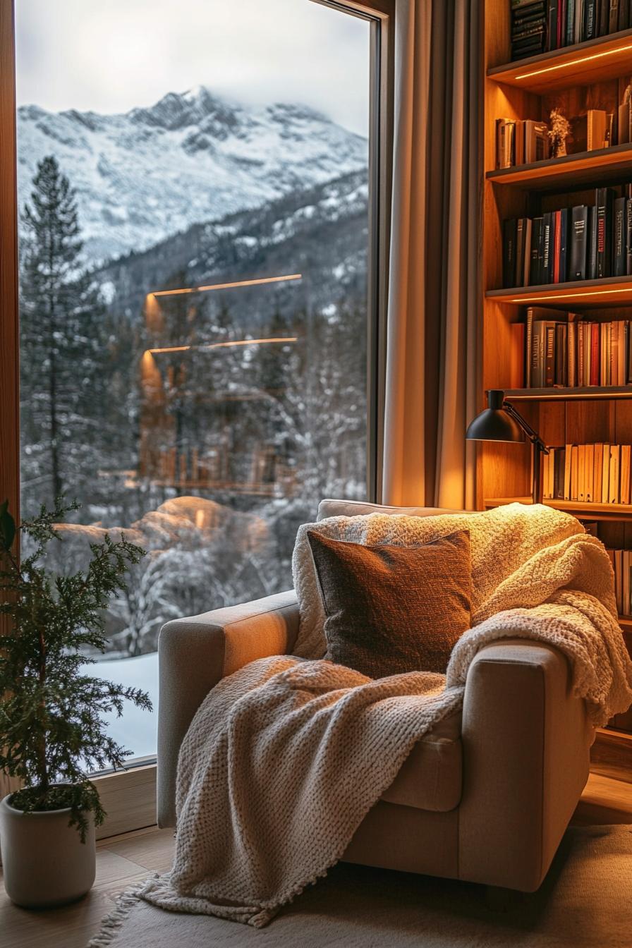 Cozy armchair with blanket beside window overlooking snowy mountains