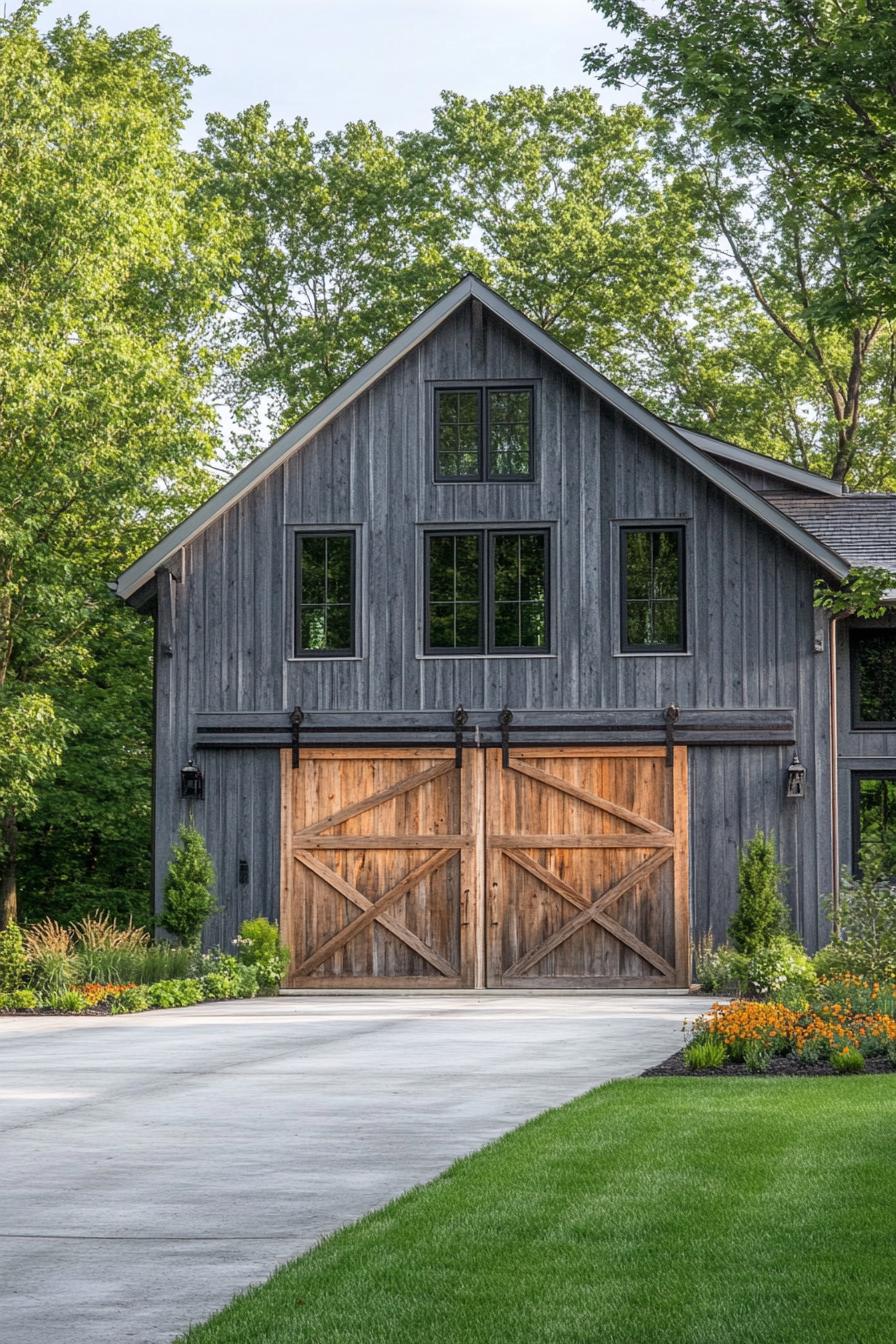 restored barn in grey board and batten siding natural wood accents large front barn door side prches concrete driveway grass landscape trees in 1