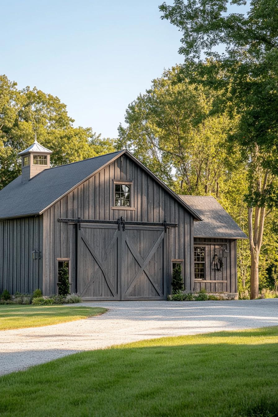 restored barn in grey board and batten siding natural wood accents large front barn door side prches concrete driveway grass landscape trees in 2