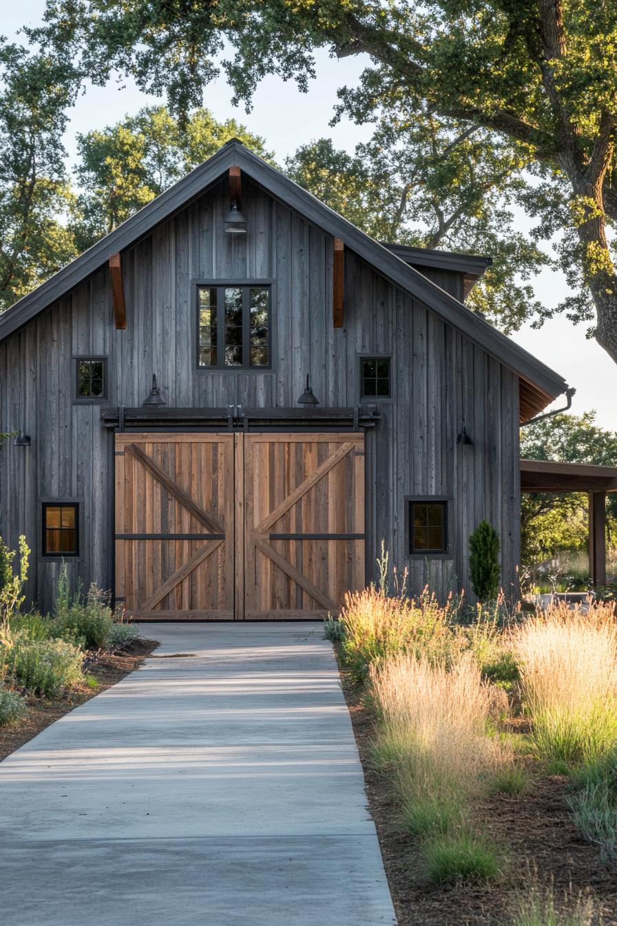 restored barn in grey board and batten siding natural wood accents large front barn door side prches concrete driveway grass landscape trees in 3