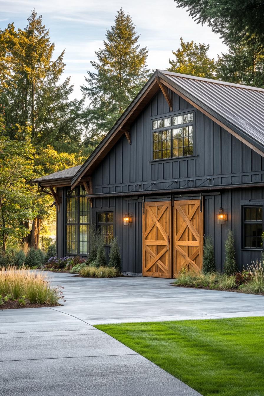 restored barn in grey board and batten siding natural wood accents large front barn door side prches concrete driveway grass landscape trees in