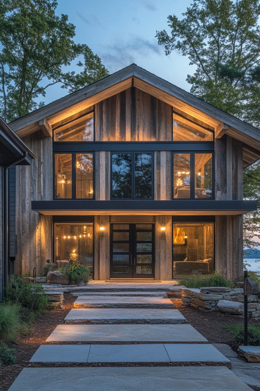 rustic modern lake house reclaimed barn wood facade 1