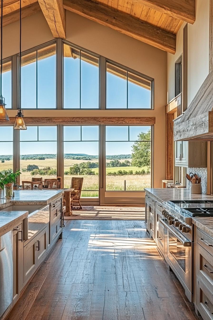 rustic ranch house interior open plan kitchen with large windows stunning view of ranch fields outside