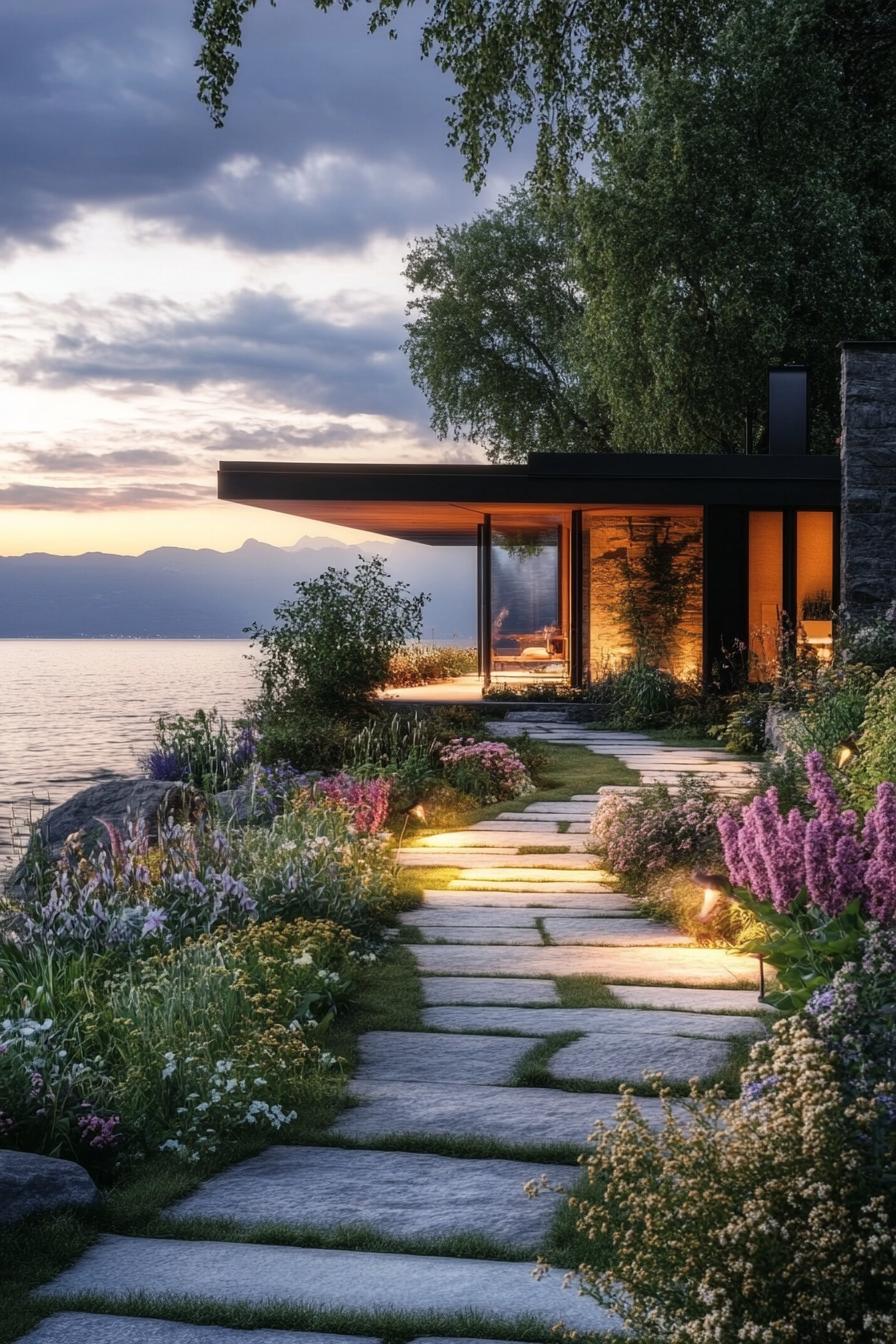 small modern house on a lakeshore with flower garden and stone paths 1