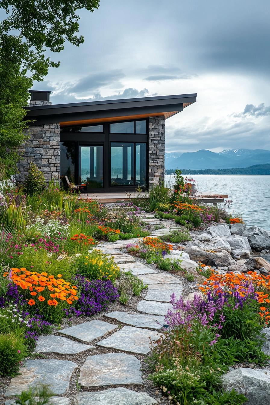 small modern house on a lakeshore with flower garden and stone paths