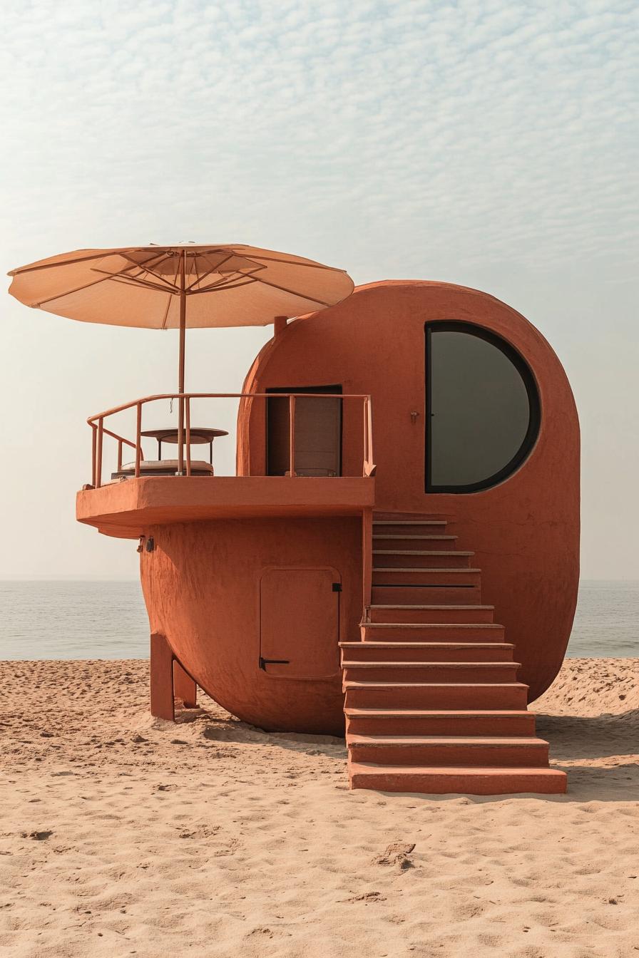 sphere cabin in terracotta color a terrace platform with large umbrella on top stairs lead to the platform beachfront sand landscape