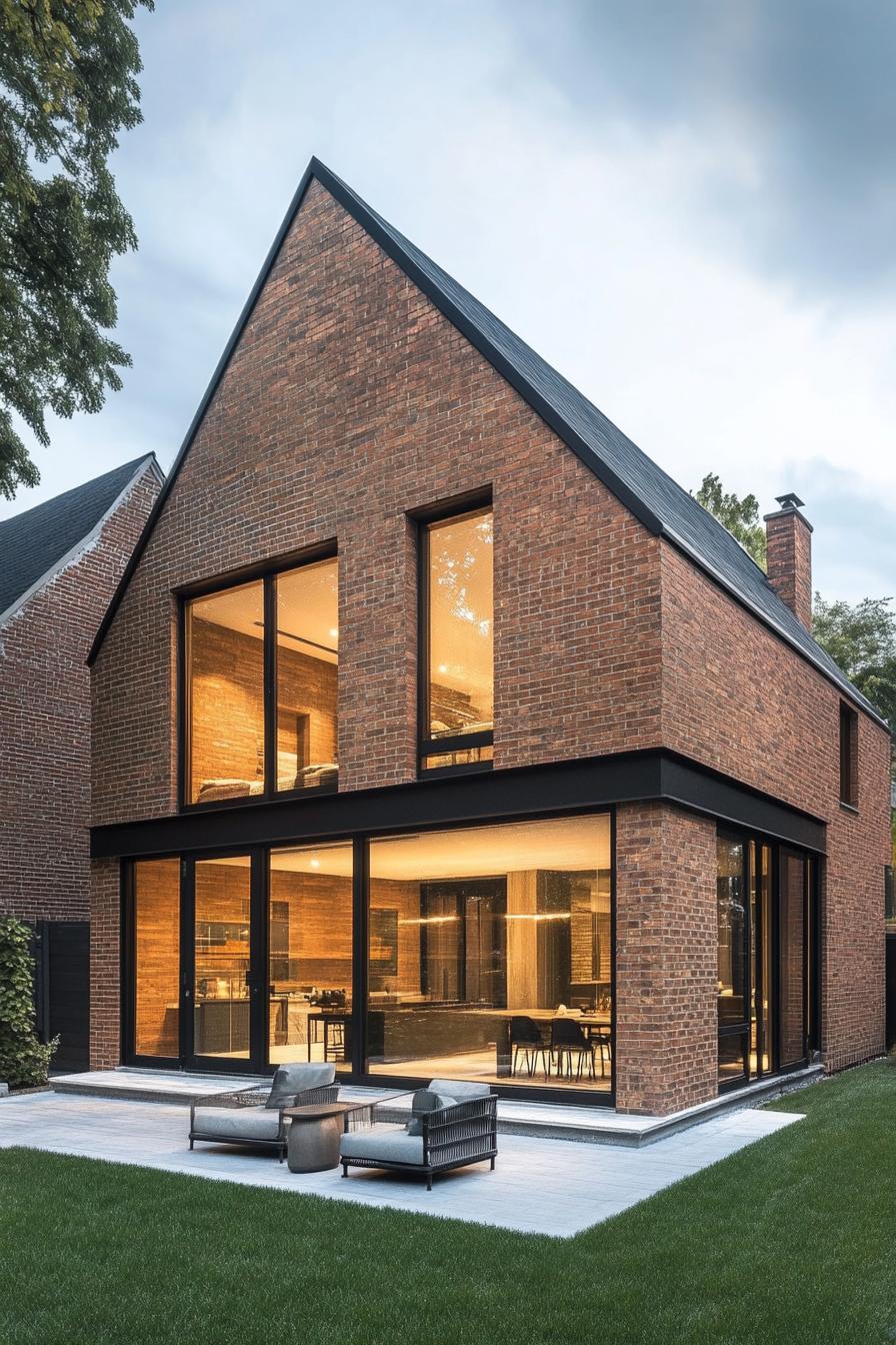 suburban brick house with multi pitch roof and large modern windows and patio 1