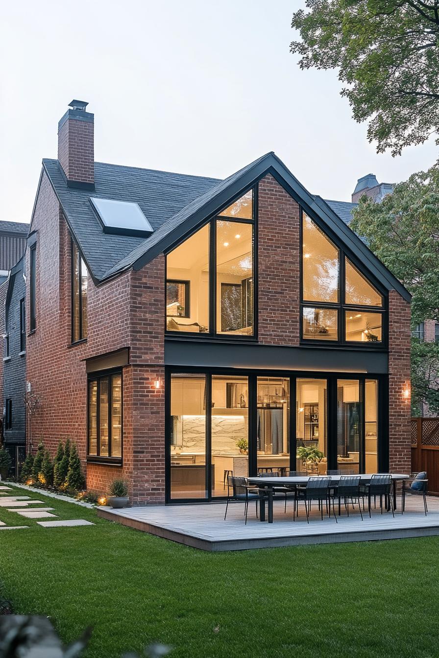 suburban brick house with multi pitch roof and large modern windows and patio 2