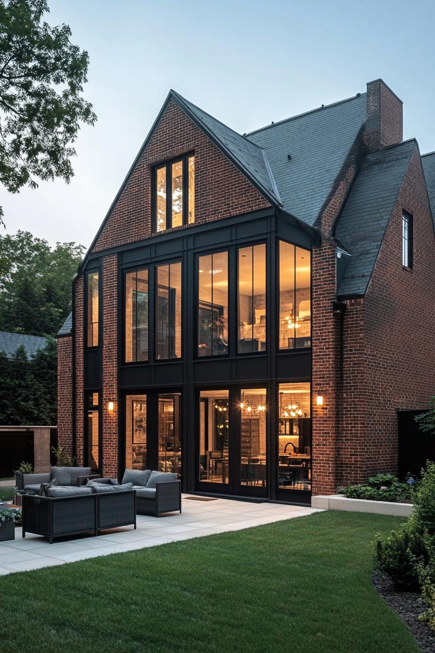 suburban brick house with multi pitch roof and large modern windows and patio 3