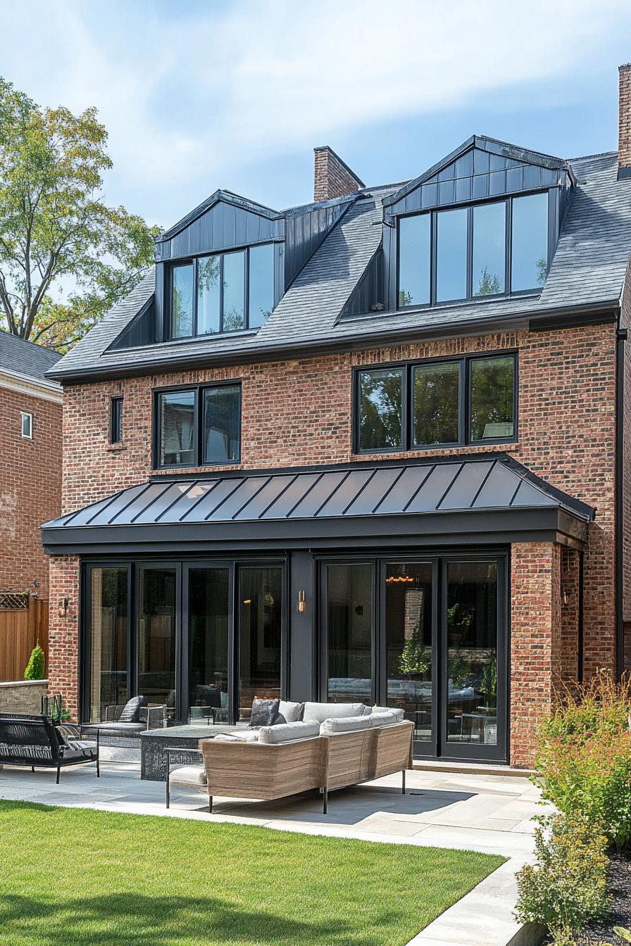 suburban brick house with multi pitch roof and large modern windows and patio