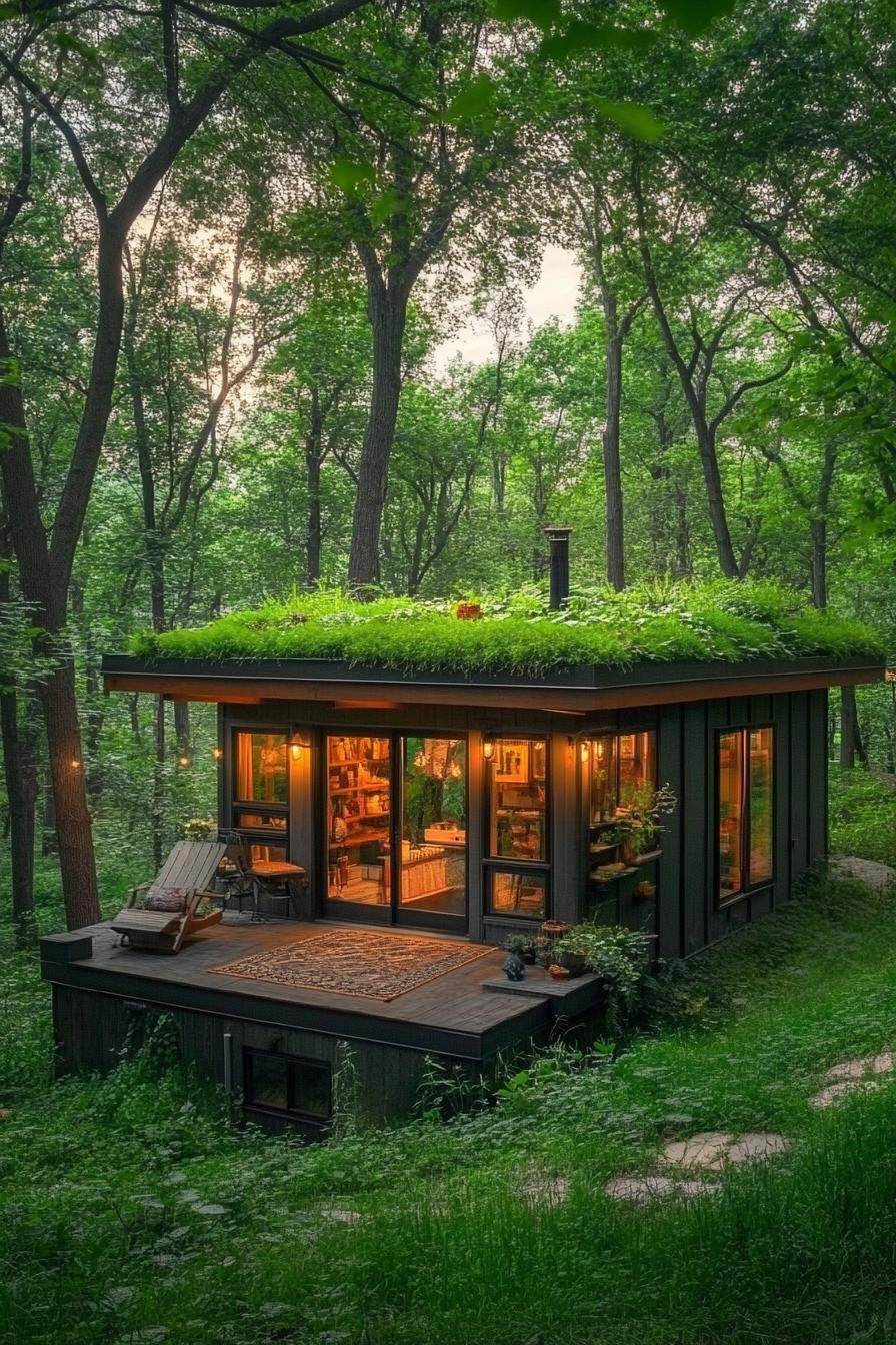 tiny modern bohemian style house with green living roof in a forest enclave 1