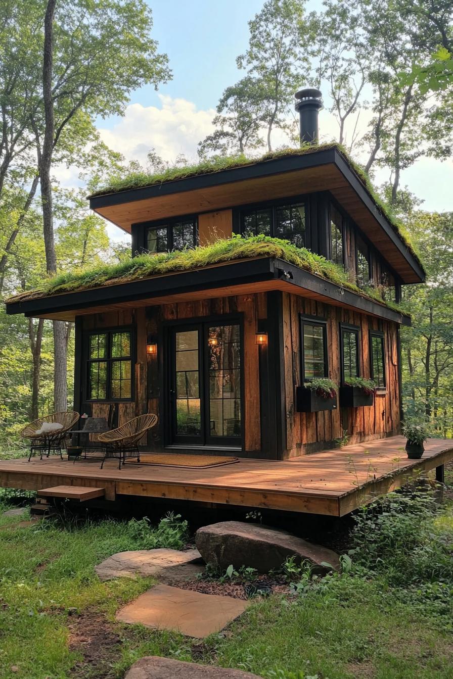 tiny modern bohemian style house with green living roof in a forest enclave 2