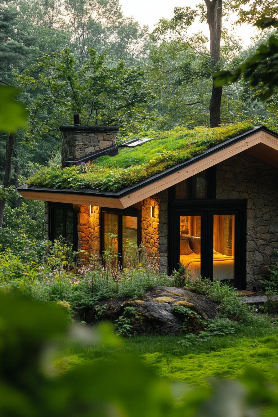 tiny modern bohemian style house with green living roof in a forest enclave