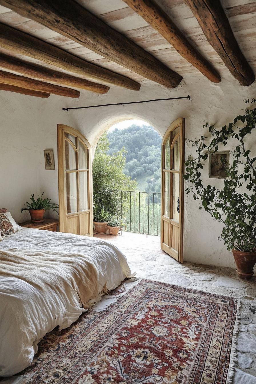 tuscan dream home bedroom rustic interior with white painted clay walls ceiling wood beams arched doors leading to a small balcony overlooking lush