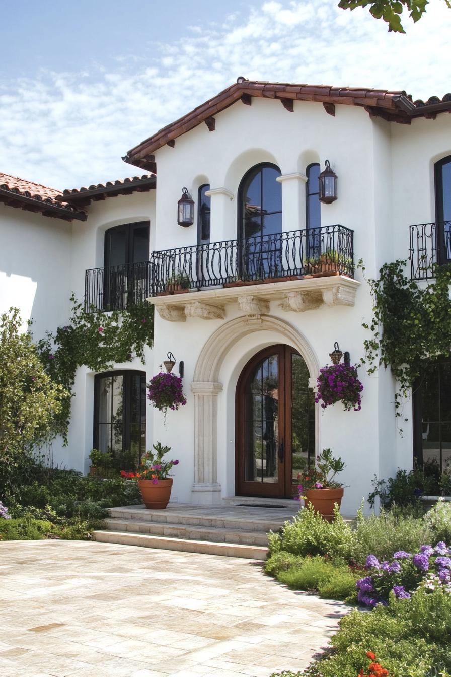 two story mediterranean house front view white facade with arched front door and windows barrel tile roof iron balconies with flower plants stone 1