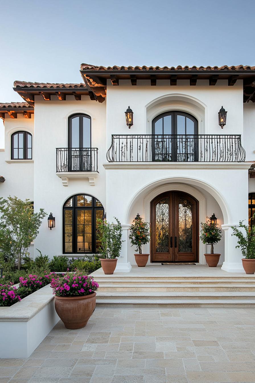 two story mediterranean house front view white facade with arched front door and windows barrel tile roof iron balconies with flower plants stone