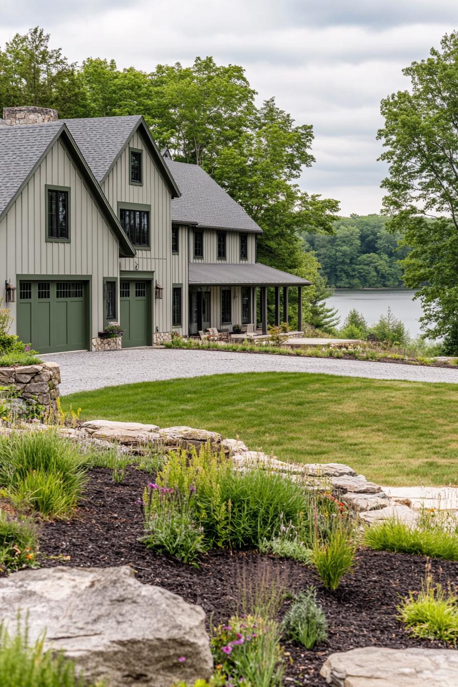 wide angle view of a large modern farmhouse exterior in greyish pale green board and batten siding slightly darker sage green barn doors and window 1