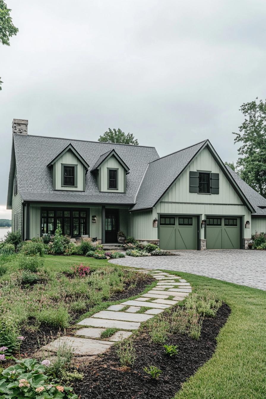 wide angle view of a large modern farmhouse exterior in greyish pale green board and batten siding slightly darker sage green barn doors and window 2