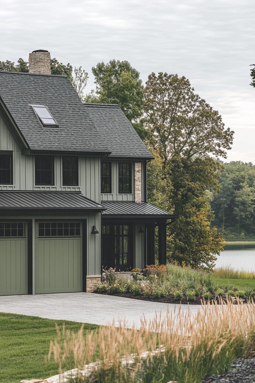 wide angle view of a large modern farmhouse exterior in greyish pale green board and batten siding slightly darker sage green barn doors and window 3