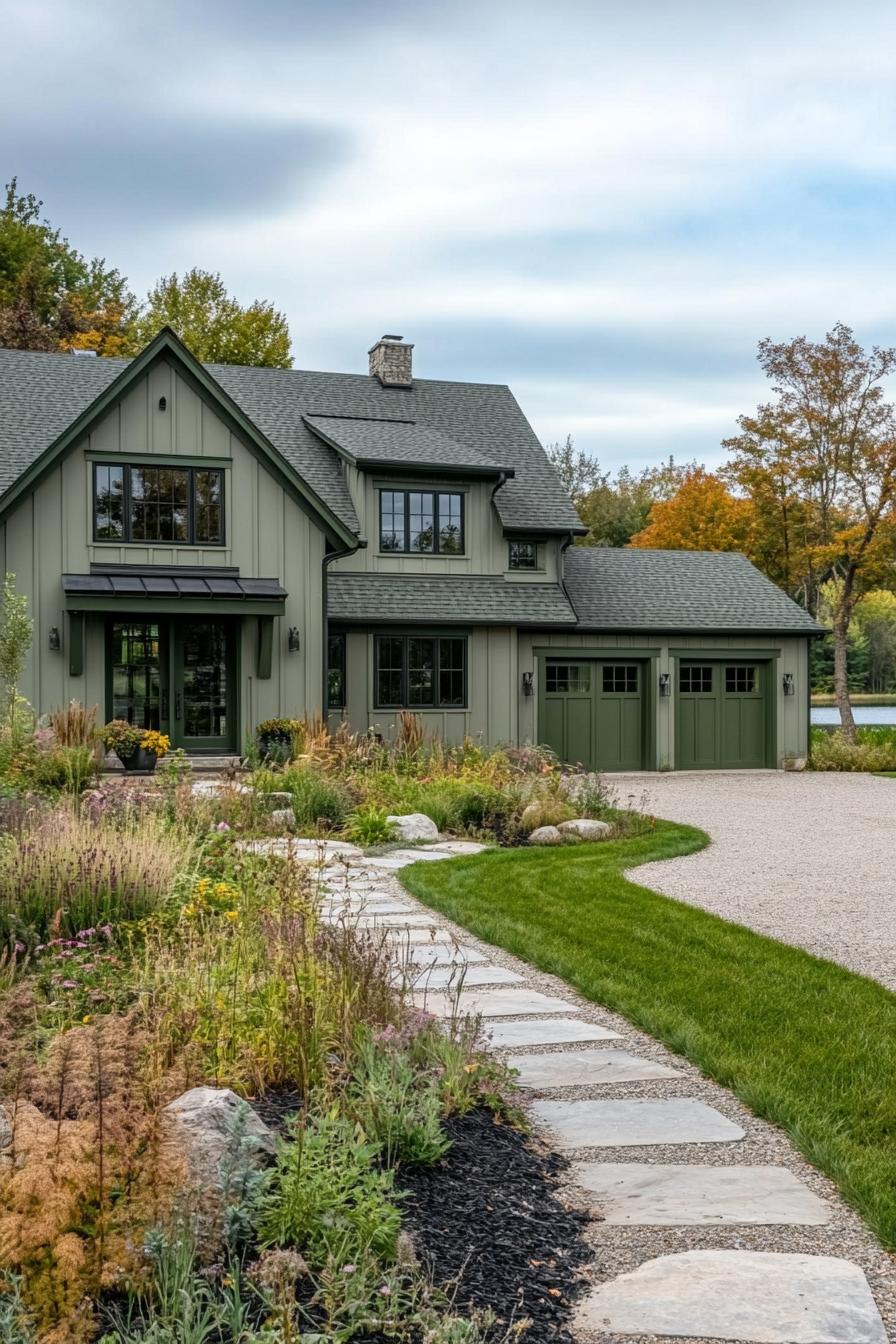 wide angle view of a large modern farmhouse exterior in greyish pale green board and batten siding slightly darker sage green barn doors and window