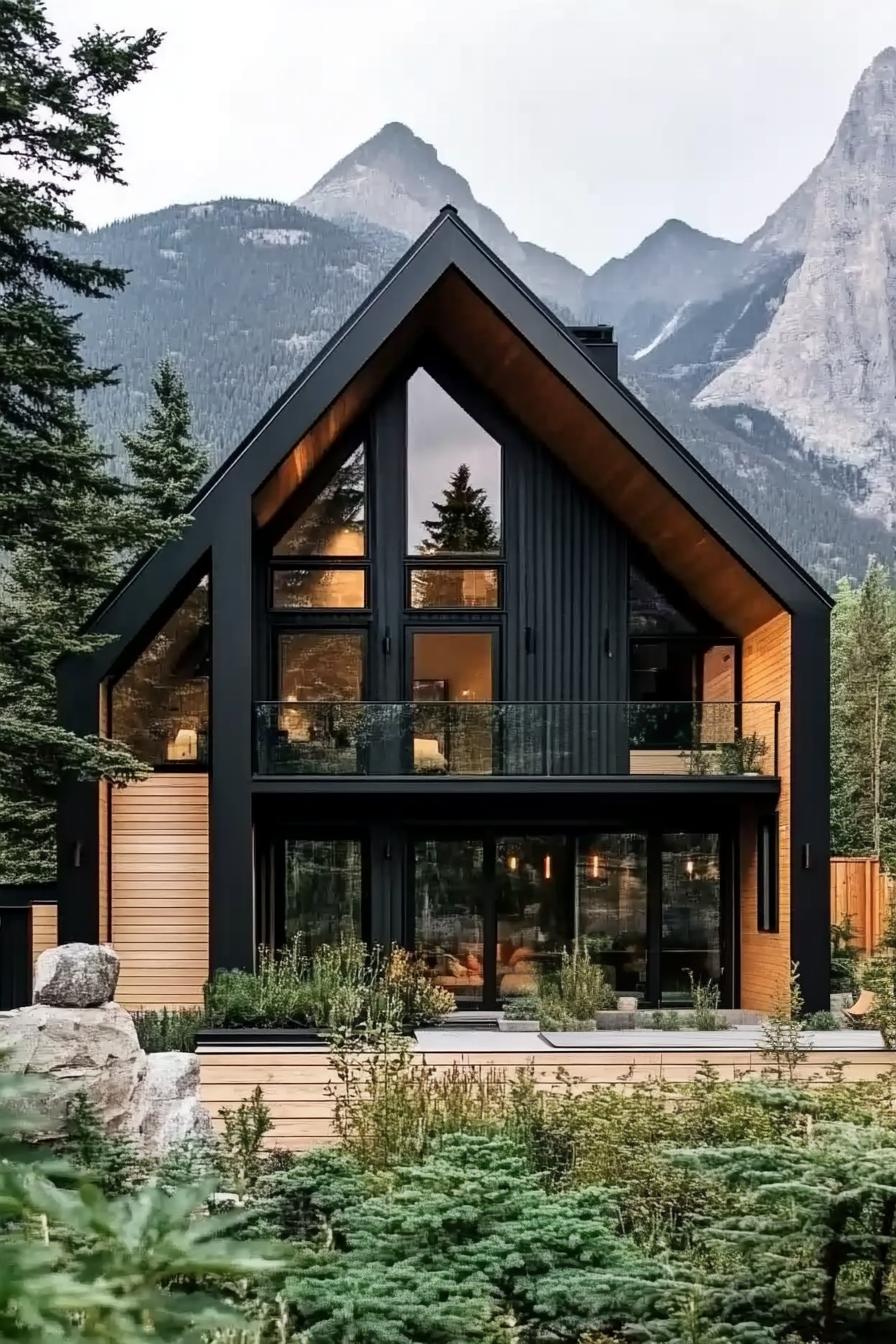 modern chalet house with black slatted facade natural wood accent wall geometric a frame roof large front balcony with glass railings clean patio