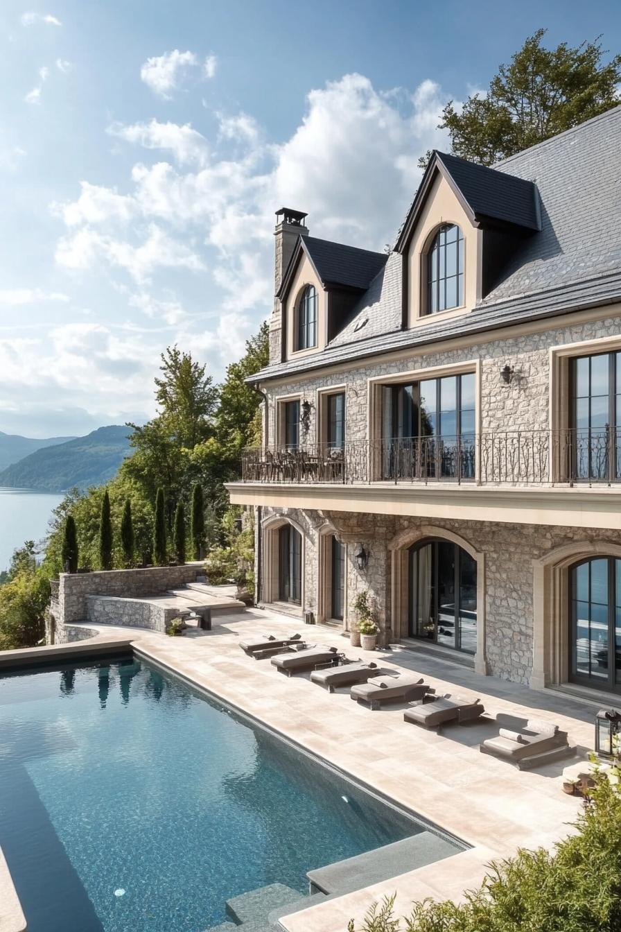 modern elegant french mansion with a pool on a hill large lake in the background 1