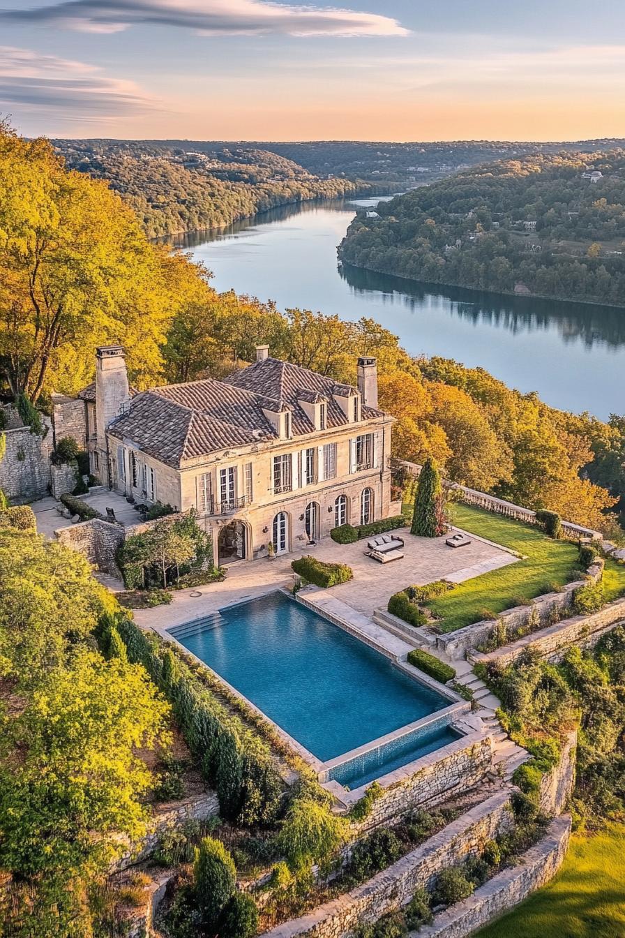 modern elegant french mansion with a pool on a hill large lake in the background 2