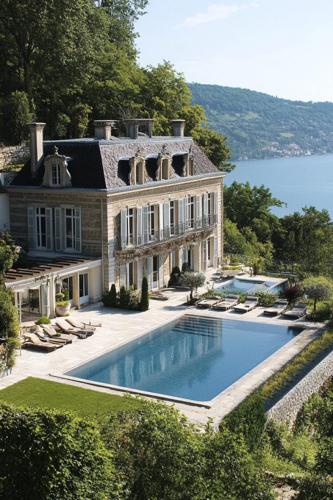 modern elegant french mansion with a pool on a hill