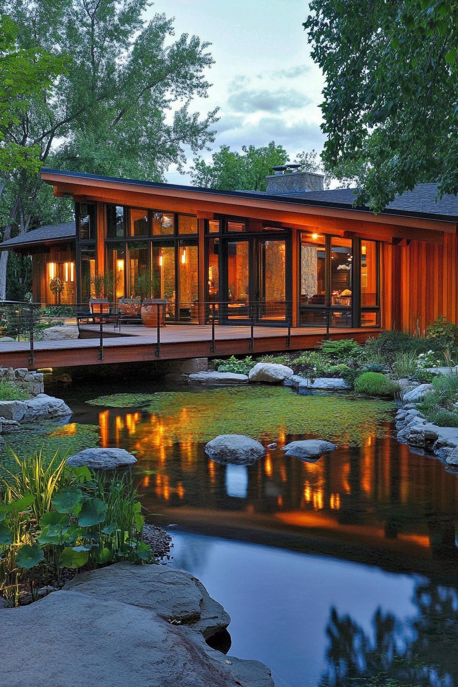 modern ranch house with rustic siding with bridge style atrium over a pond 1