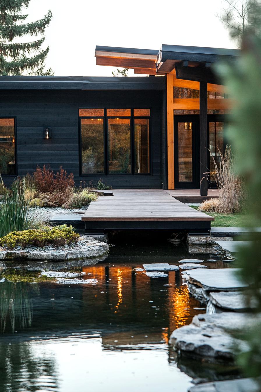 modern ranch house with rustic siding with bridge style atrium over a pond 2