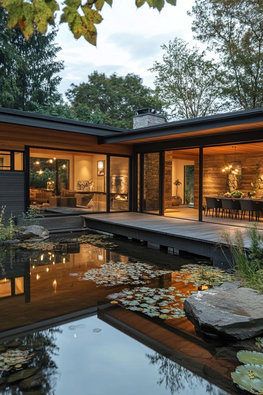 modern ranch house with rustic siding with bridge style atrium over a pond 3