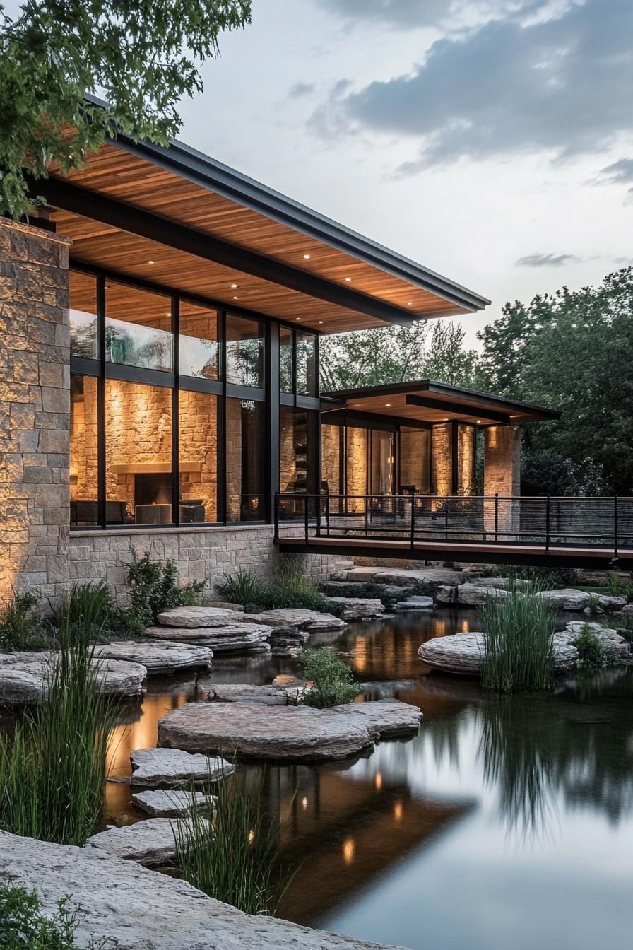 modern ranch house with rustic siding with bridge style atrium over a pond