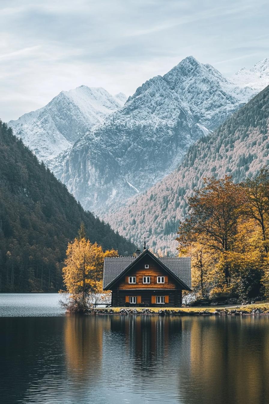 small cottage house in front of a lake with stunning mountains 1