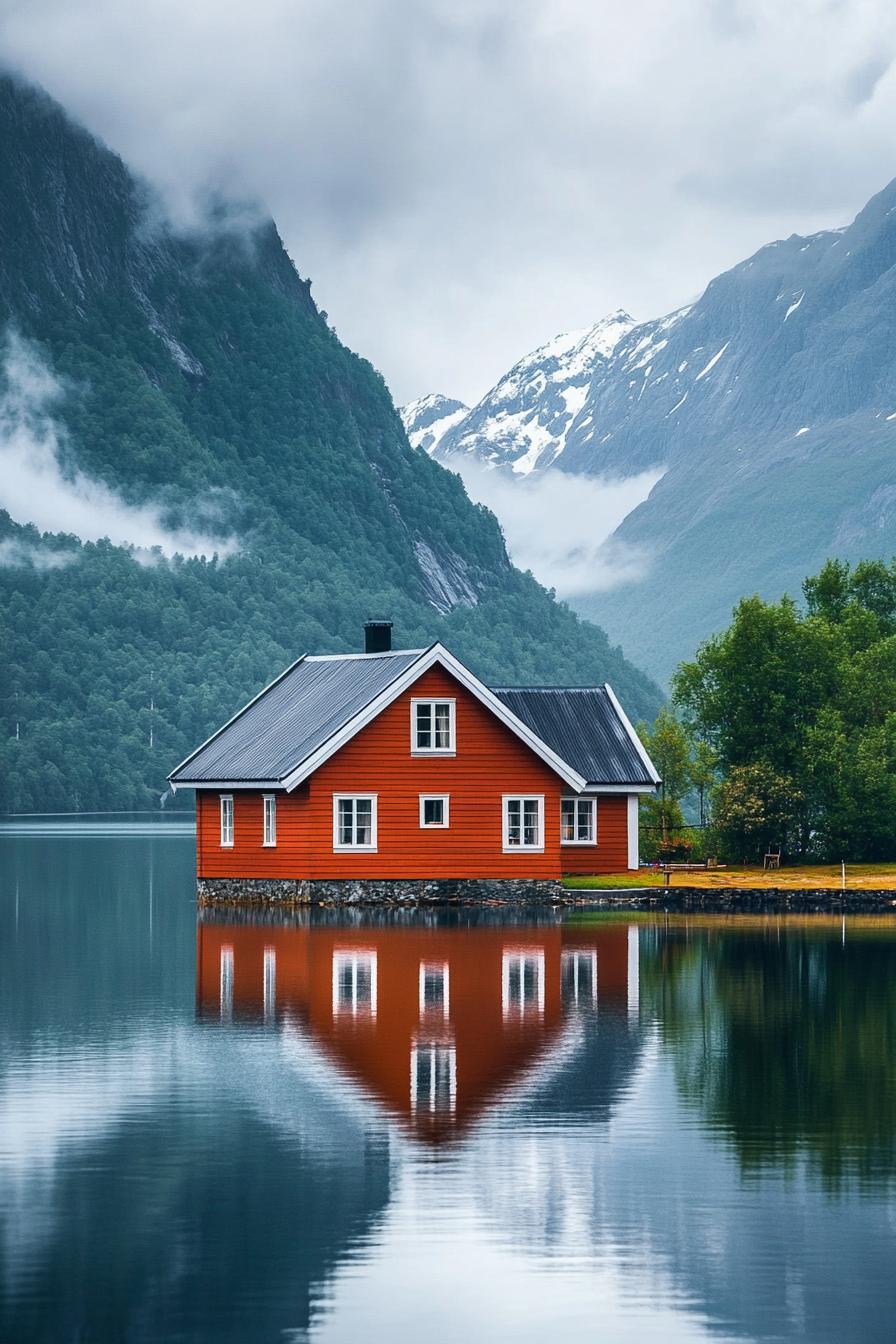 small cottage house in front of a lake with stunning mountains