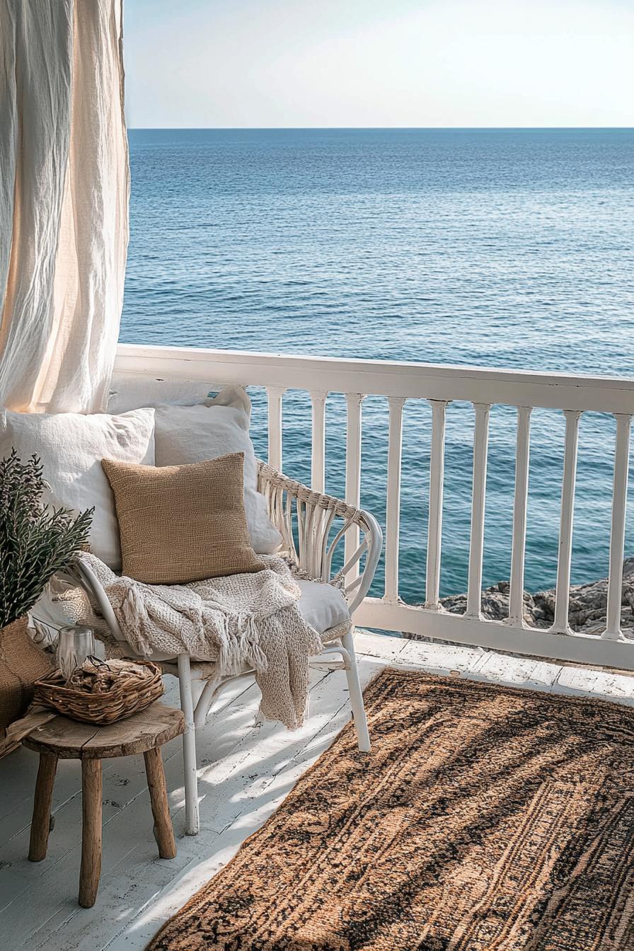 small cozy balcony with white painted wooden railings cozy seating area rug rustic side table pillows and throws on chairs stunning ocean view