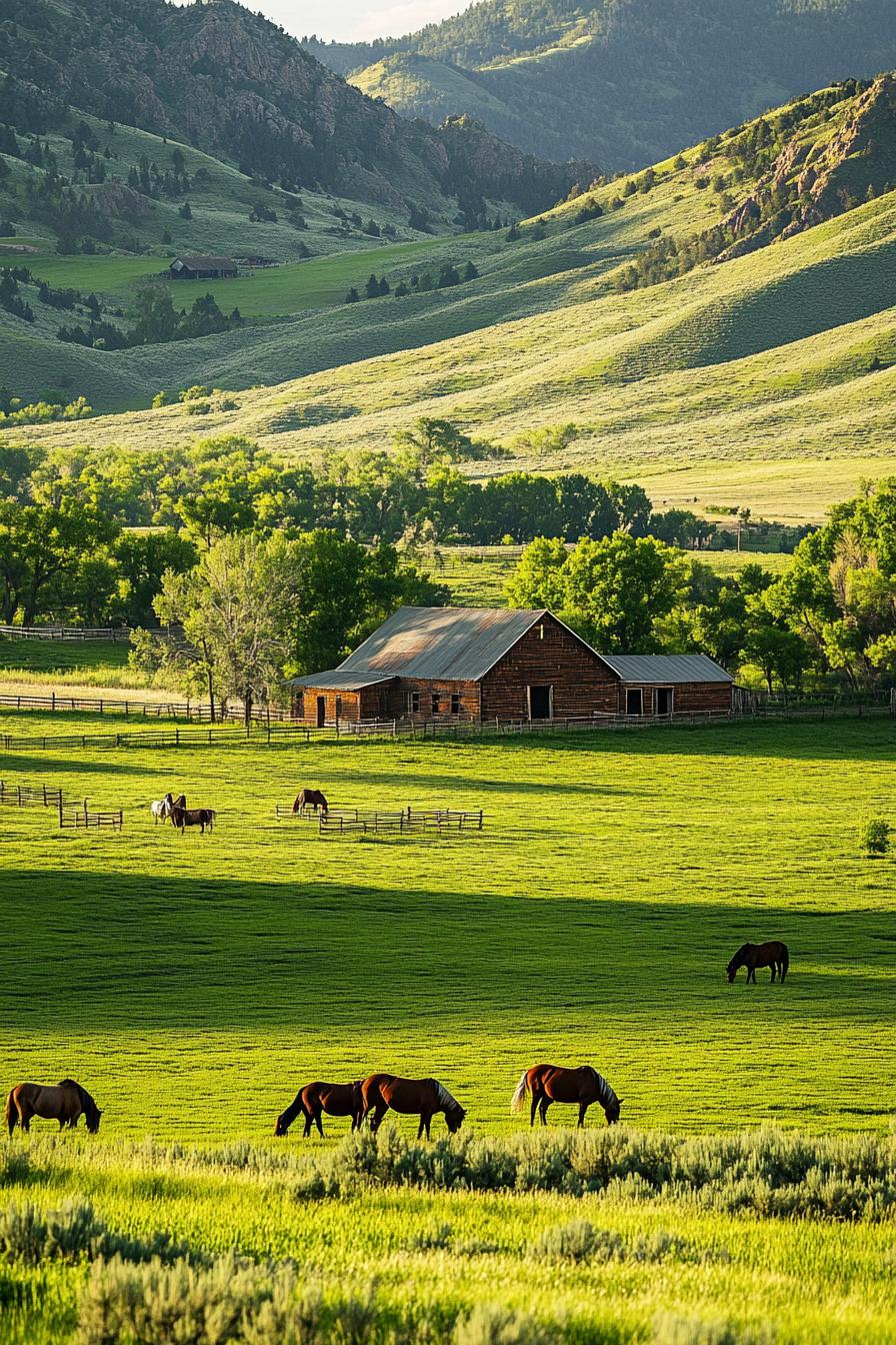 revived 1850s ranch with green fields and horses in foreground 2