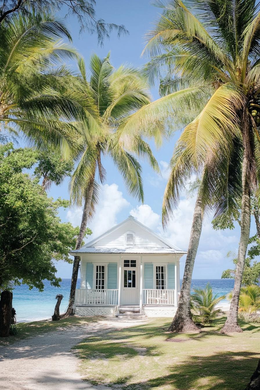 small cottage house in front of a beach with ocean views and tall palms 1