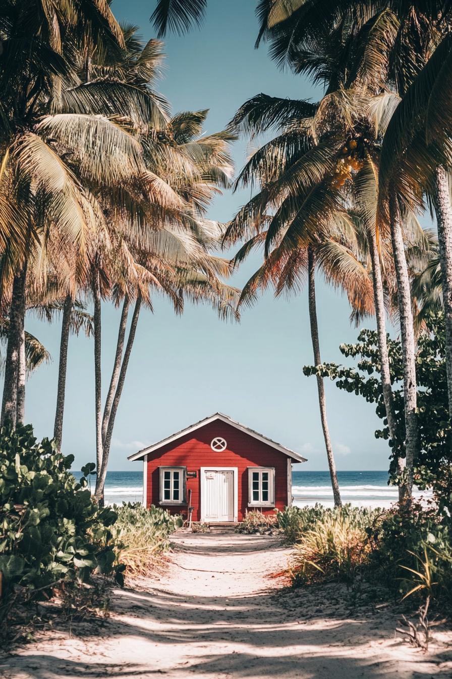 small cottage house in front of a beach with ocean views and tall palms