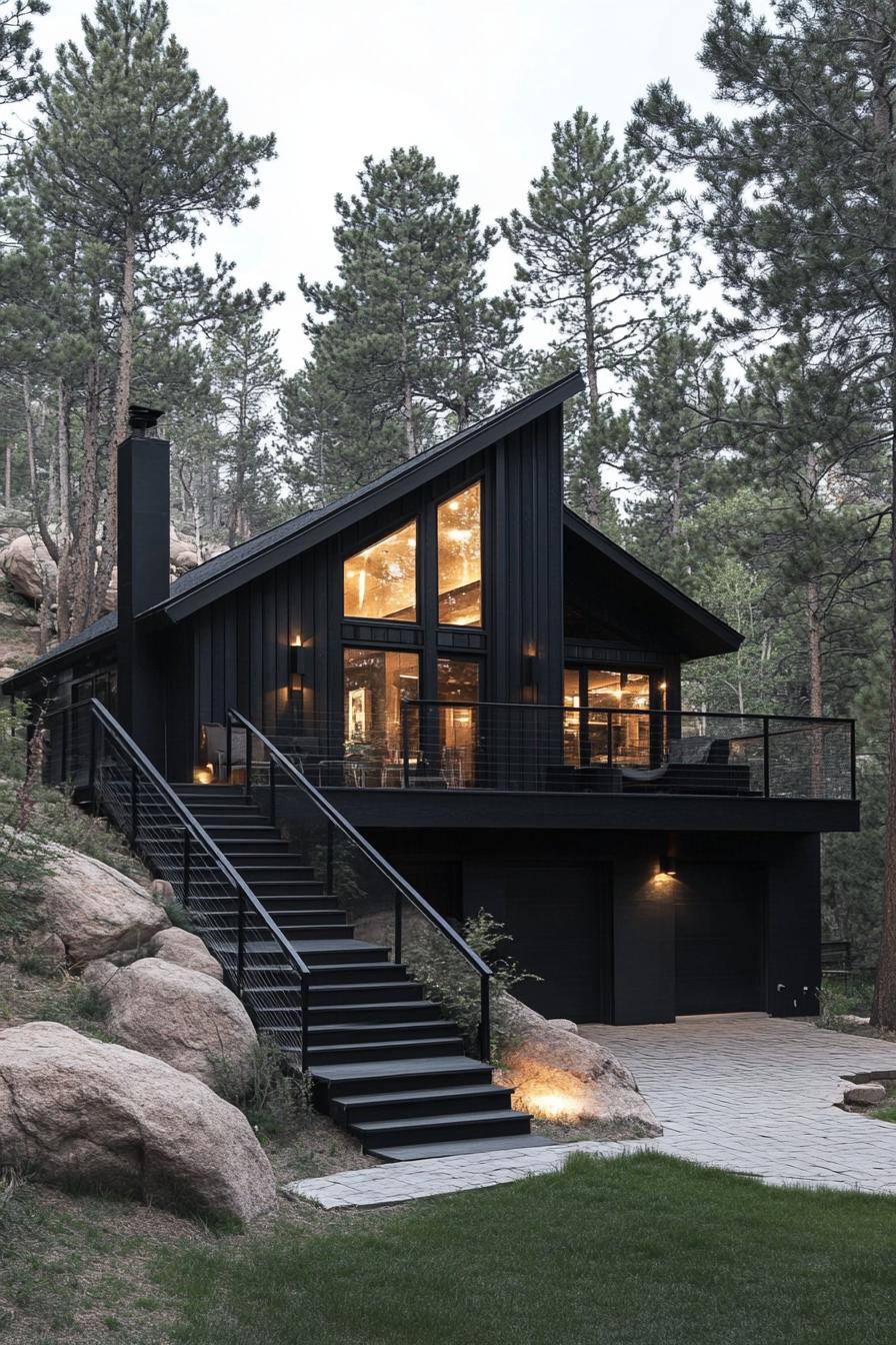 split level modern forest chalet black facade pitched black roof large upper deck with railings modern stairs lead to the upper deck between 1