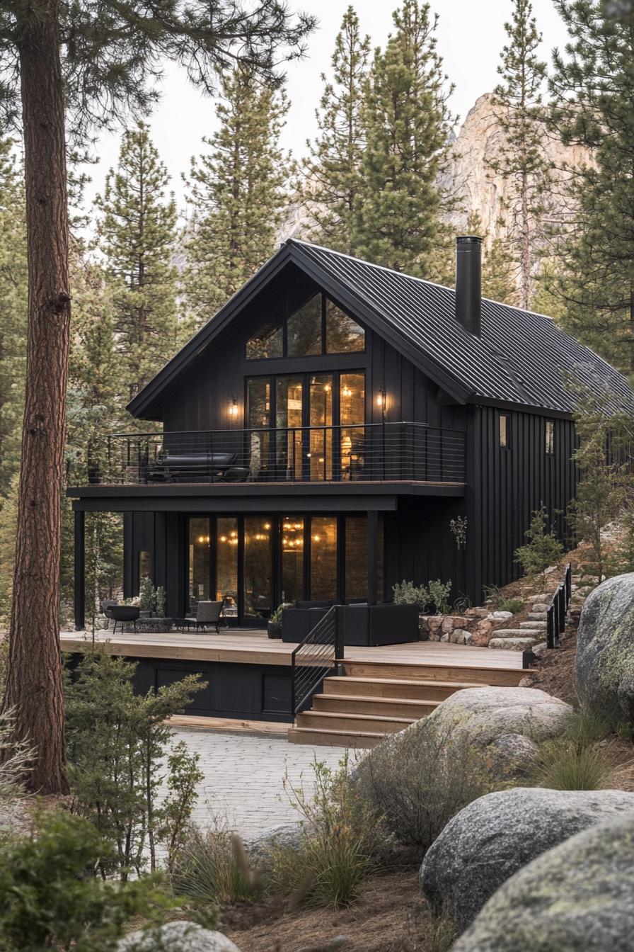 split level modern forest chalet black facade pitched black roof large upper deck with railings modern stairs lead to the upper deck between