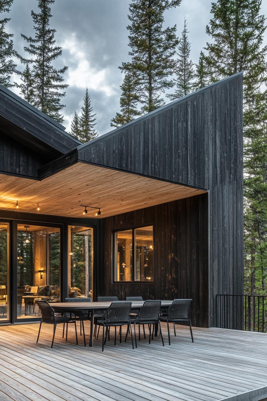 modern chalet with geometric facade in charred wood siding natural wood ceiling porch deck with patio furniture tall pine trees in the background 1