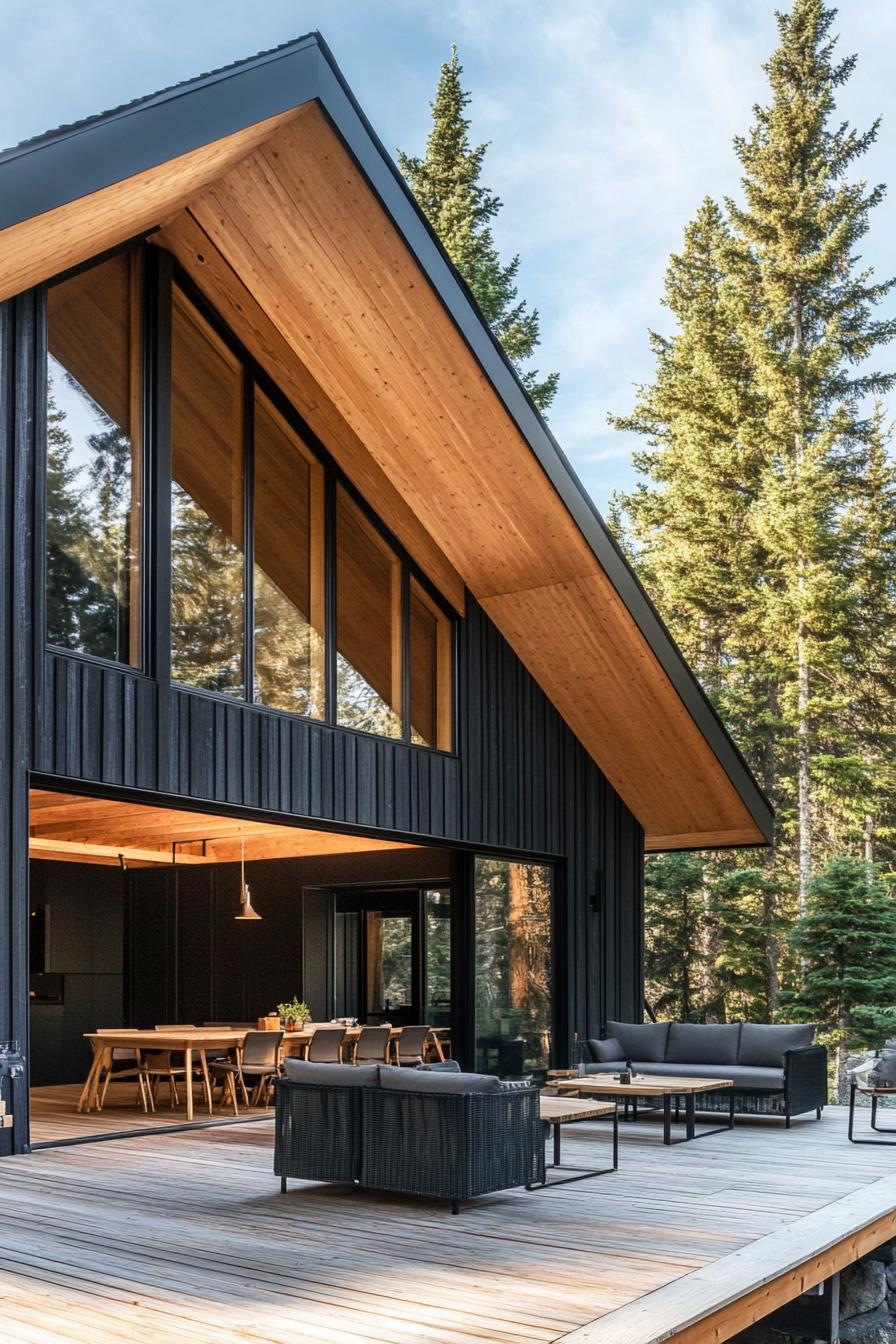 modern chalet with geometric facade in charred wood siding natural wood ceiling porch deck with patio furniture tall pine trees in the background 2